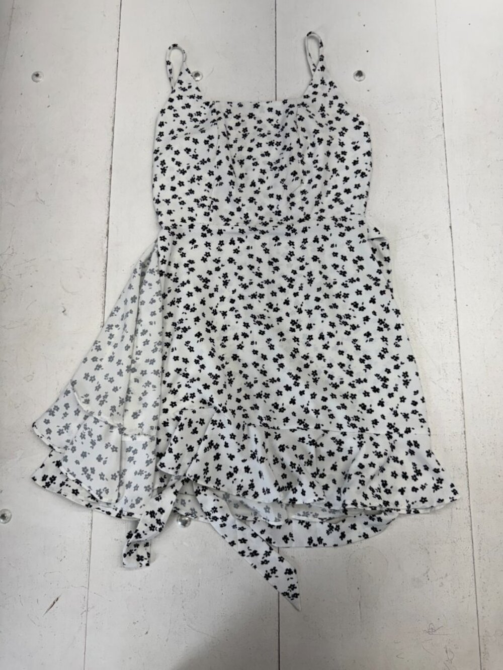 Shein White Black Floral Print Sleeveless Wrap Tie Dress Womens Size Small